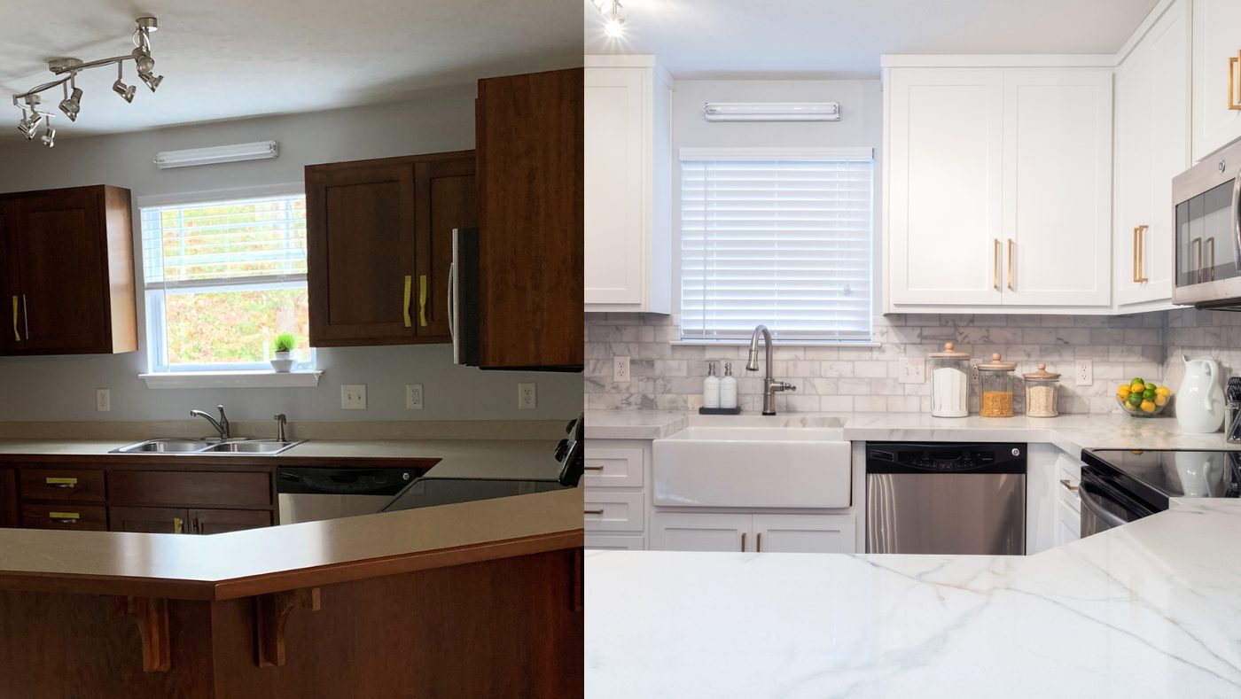 Before and after: Full kitchen renovation with white shaker cabinets and quartz countertops