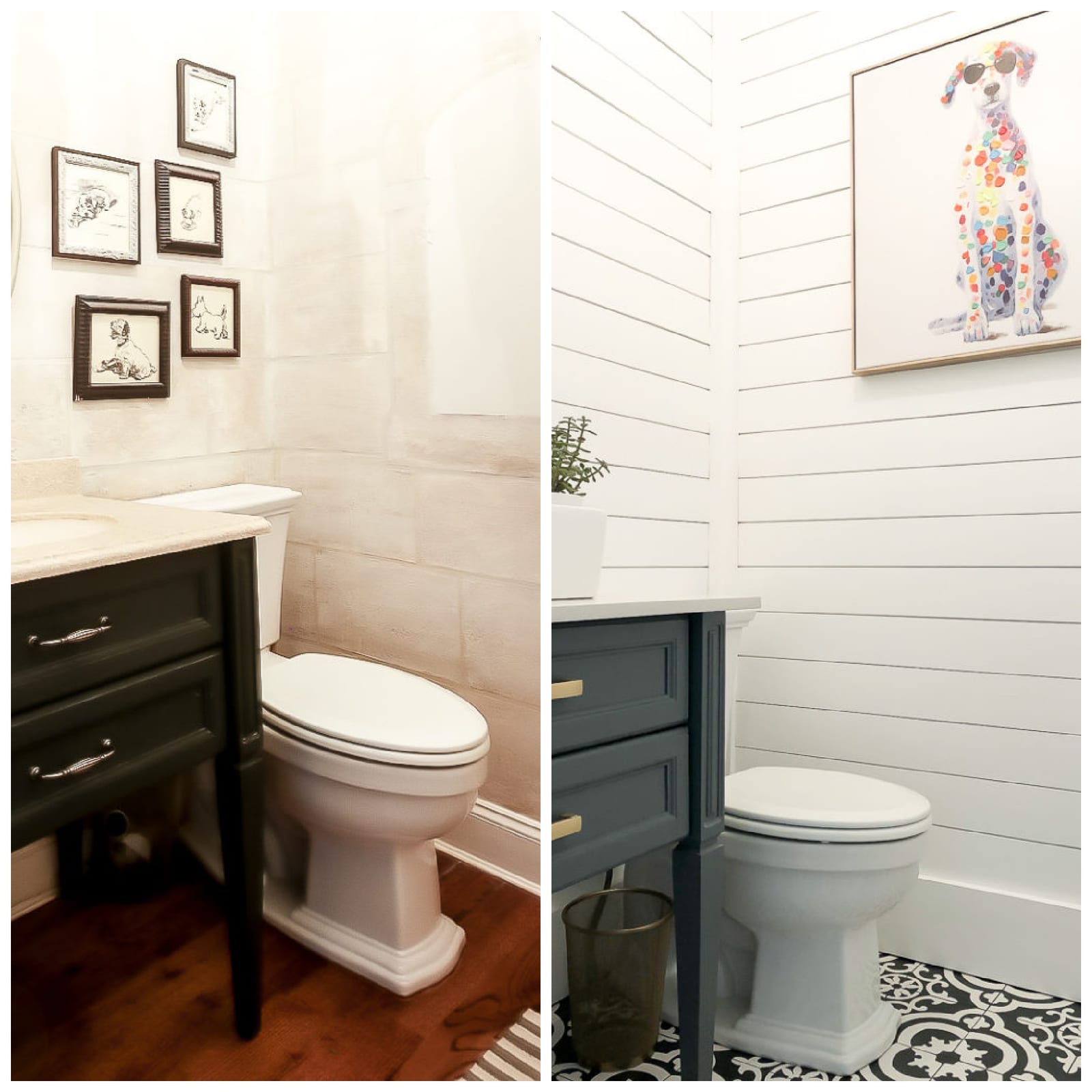 Guest bathroom with blue cabinetry and marble counter