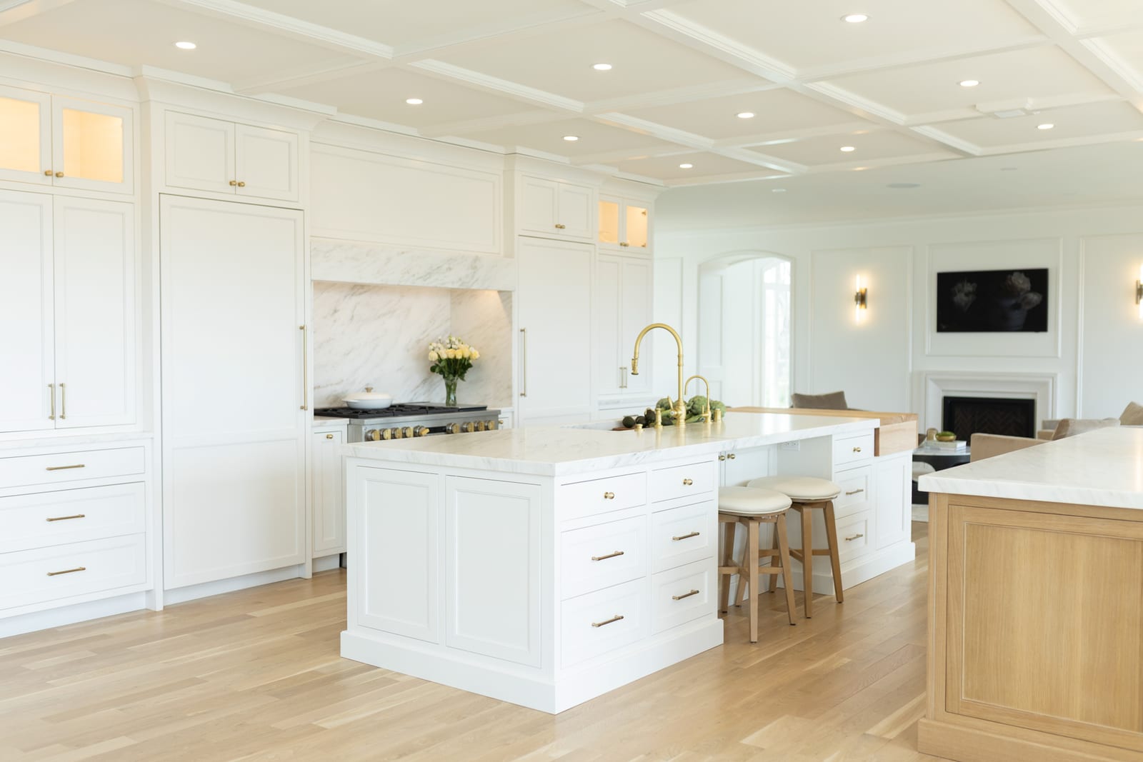Luxury marble countertop island with slab backsplash