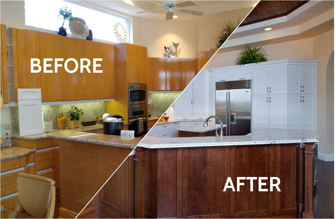 Before and after kitchen renovation as part of a whole-home interior design project