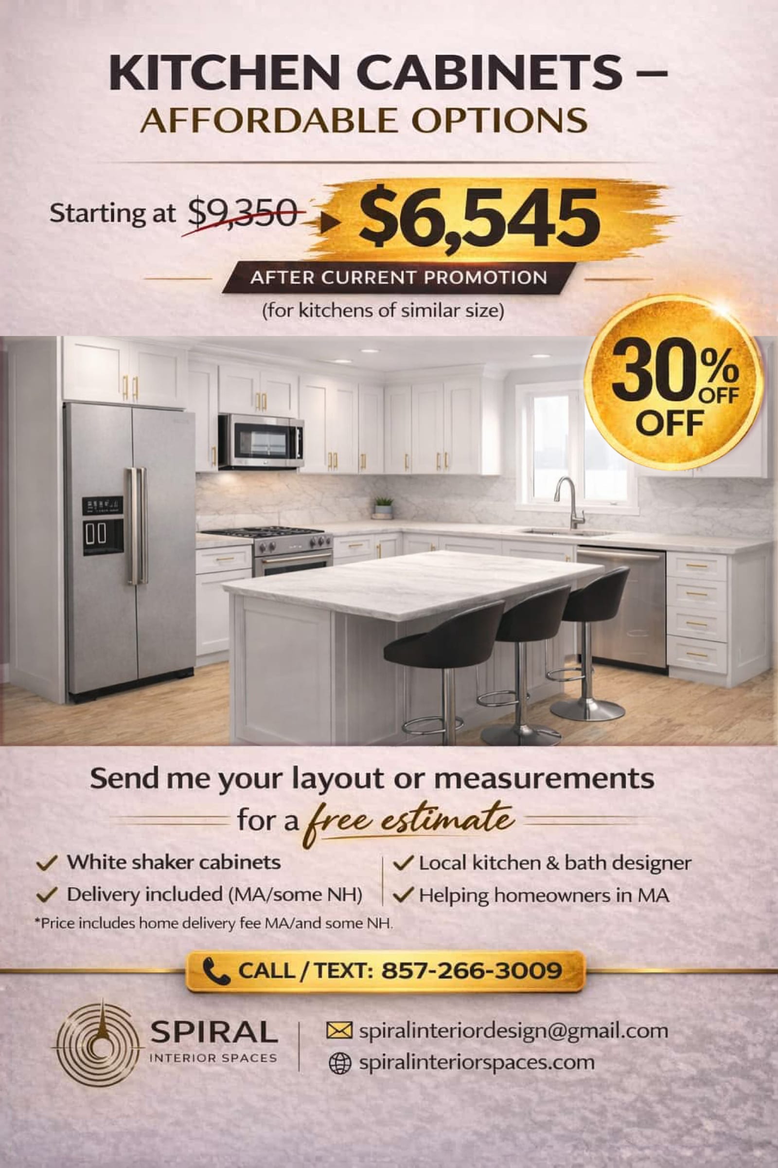 Kitchen Cabinets 30% Off — Starting at $6,545 after promotion.